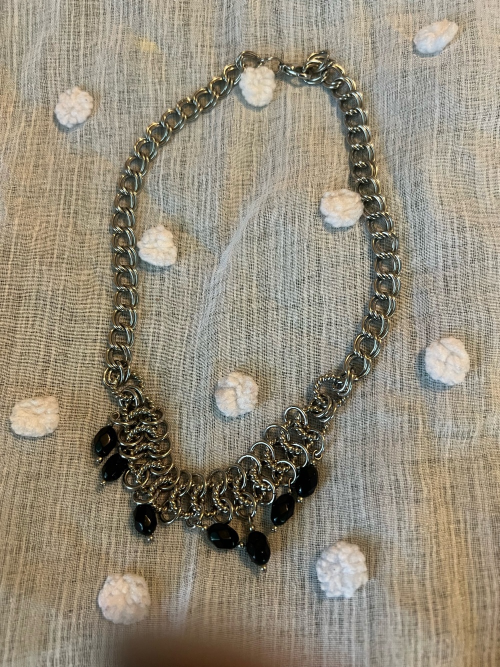 Elegant Silver Chain Necklace with Black Gem Drops